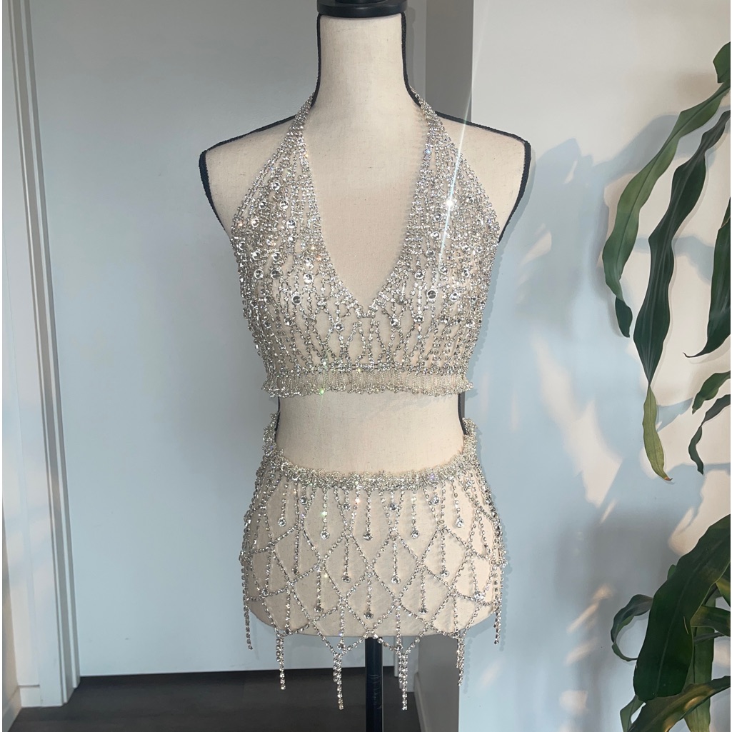 Crystal Rhinestone Diamond Bra Top Xs S Skirt Set White Silver Sexy Glam